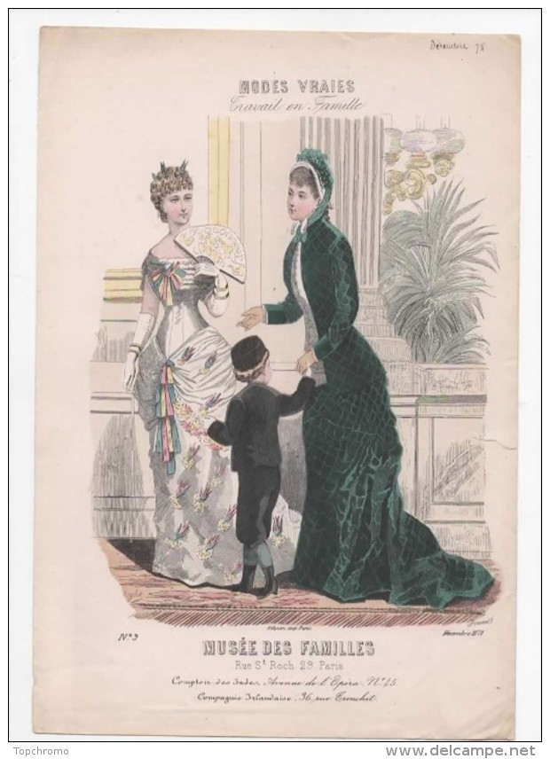 Gravure De Mode Musée Des Familles Modes Vraies Travail En Famille Rigolet Femmes Garçon éventail Décembre 1878 - Prints & Engravings