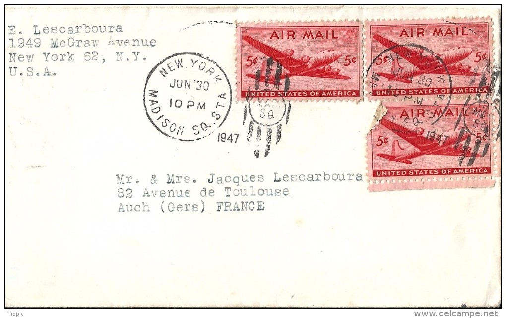 4  Enveloppes - Expédiées  De  NEW YORK  ET  OXFORD  ( Etats - Unis  )  à  Destination D' AUCH  ( 32 )    P. Avion - Autres - Amérique