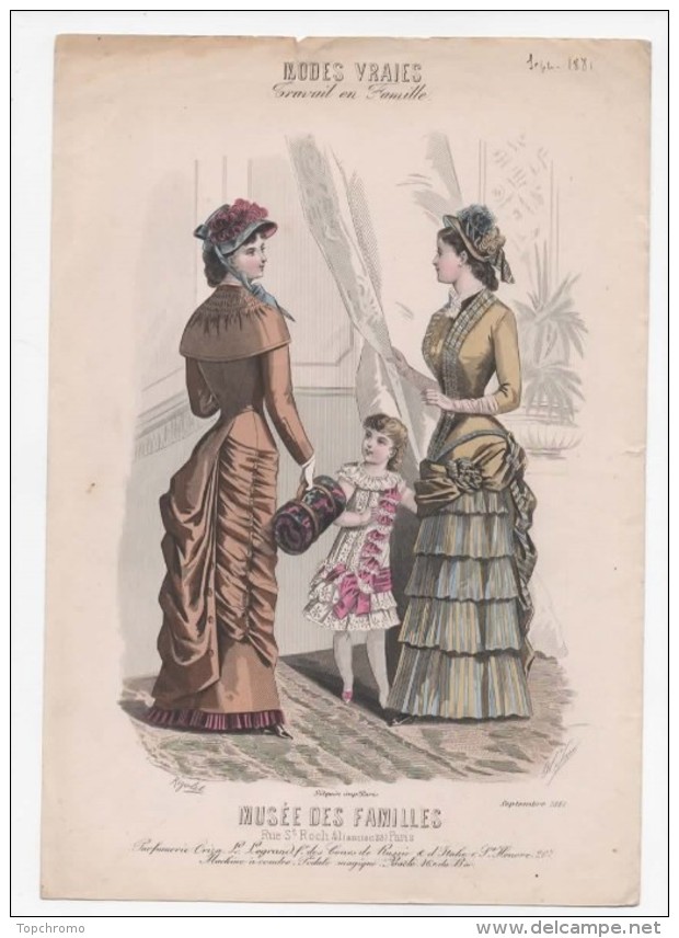 Gravure De Mode Musée Des Familles Modes Vraies Travail En Famille Rigolet Femmes Fillette Septembre 1881 - Prints & Engravings