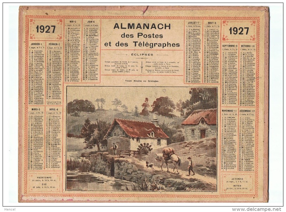CALENDRIER-ALMANACH Des POSTES Et Des TELEGRAPHES 1927 ( Vieux Moulin En BRETAGNE ) - Grand Format : 1921-40