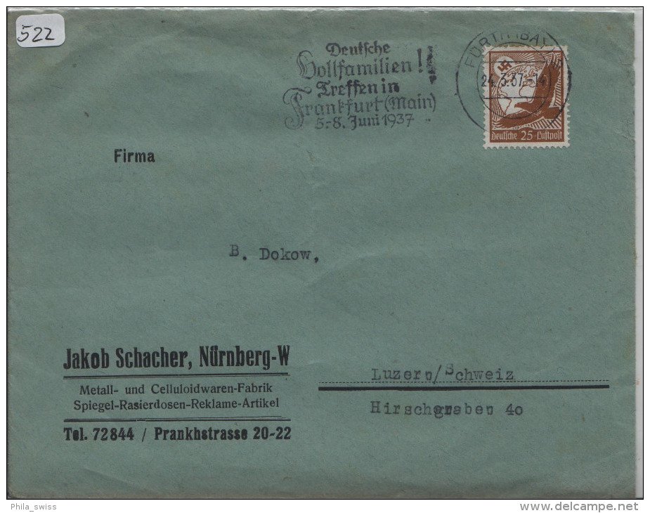 1934 Flugpost 25 Pfg. Von Fürth Nach Luzern - Maschinenstempel Deutsche Vollfamilien! Treffen In Frankfurt (Main) 5.-8. - Lettres & Documents