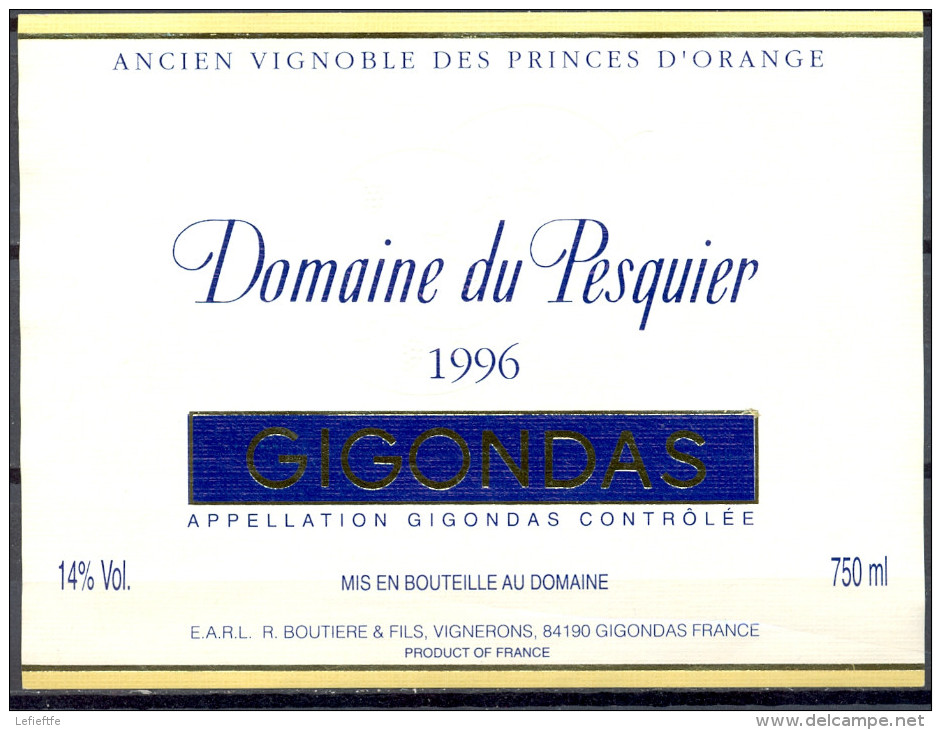 252 - Gigondas - 1996 - Domaine Du Pesquier - Ancien Vignoble Des Princes D'Orange - Boutière & Fils 84190 Gigondas - Côtes Du Rhône