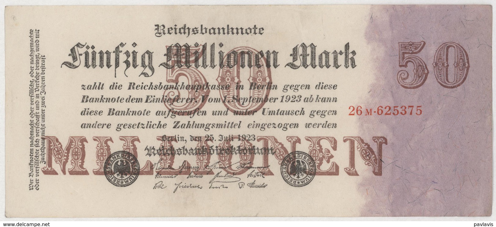 50 Millionen Mark / 50 000 000 Mark - Reichsbanknote - German Reich / Deutsches Reich - Year 1923 - 50 Mio. Mark