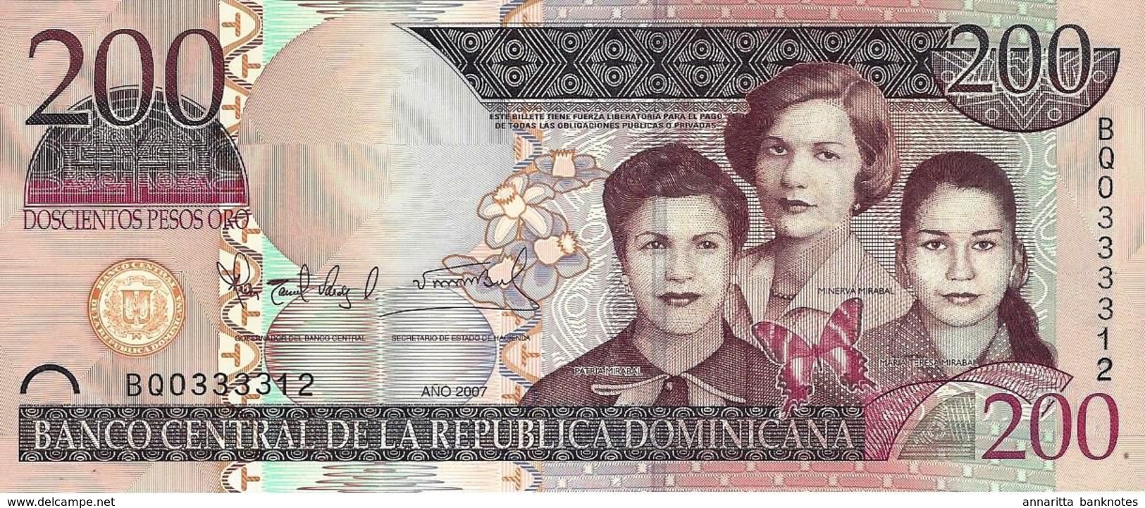 DOMINICAN REPUBLIC 200 PESOS ORO 2007 P-178a UNC LILAC COLOR [ DO178a ] - Dominicaine