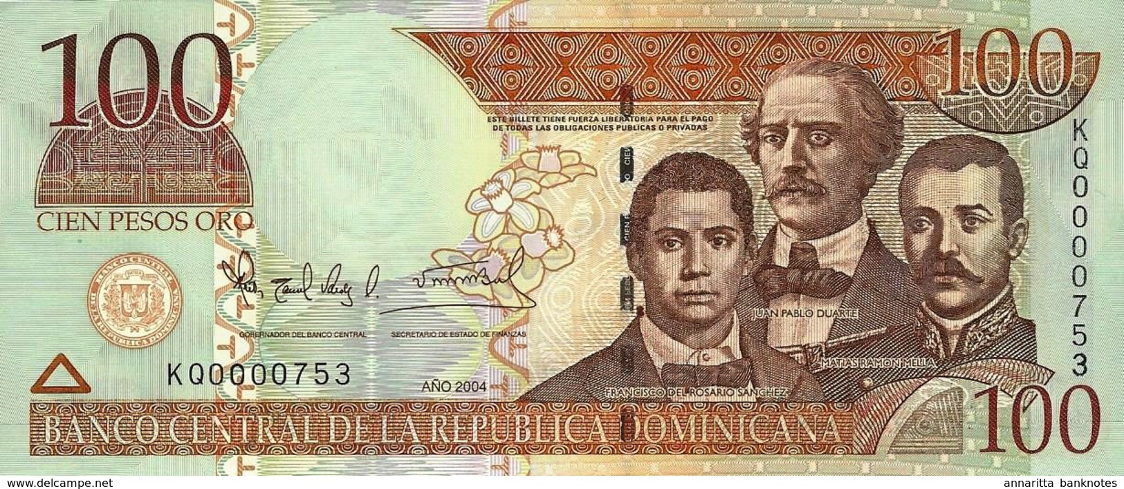 DOMINICAN REPUBLIC 100 PESOS ORO 2004 P-171d UNC LOW SERIAL [ DO171d ] - Dominicana