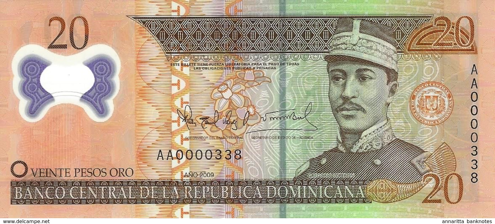 DOMINICAN REPUBLIC 20 PESOS ORO 2009 P-182 UNC LOW SERIAL AA0000338 [ DO182 ] - Dominicana