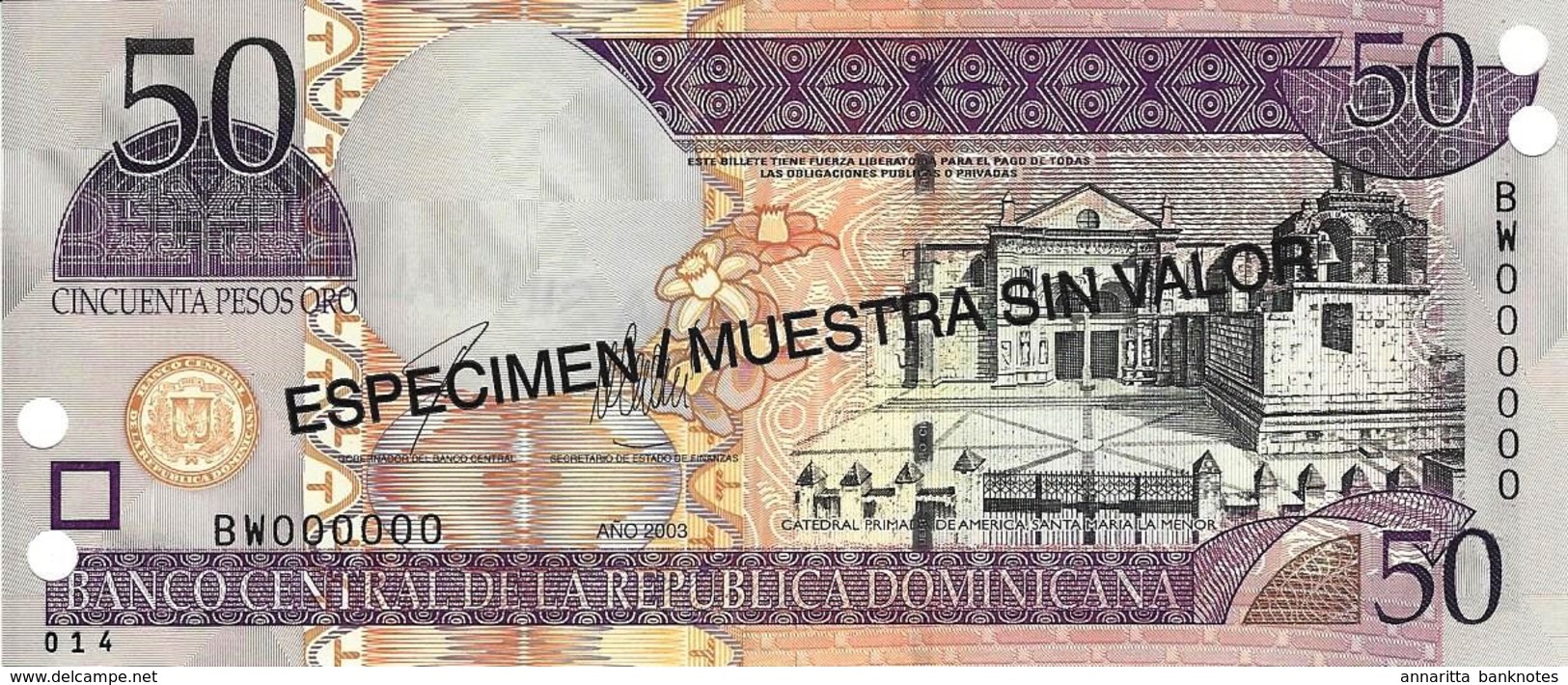 DOMINICAN REPUBLIC 50 PESOS ORO 2003 P-170s UNC SPECIMEN [ DO170s ] - Dominicana