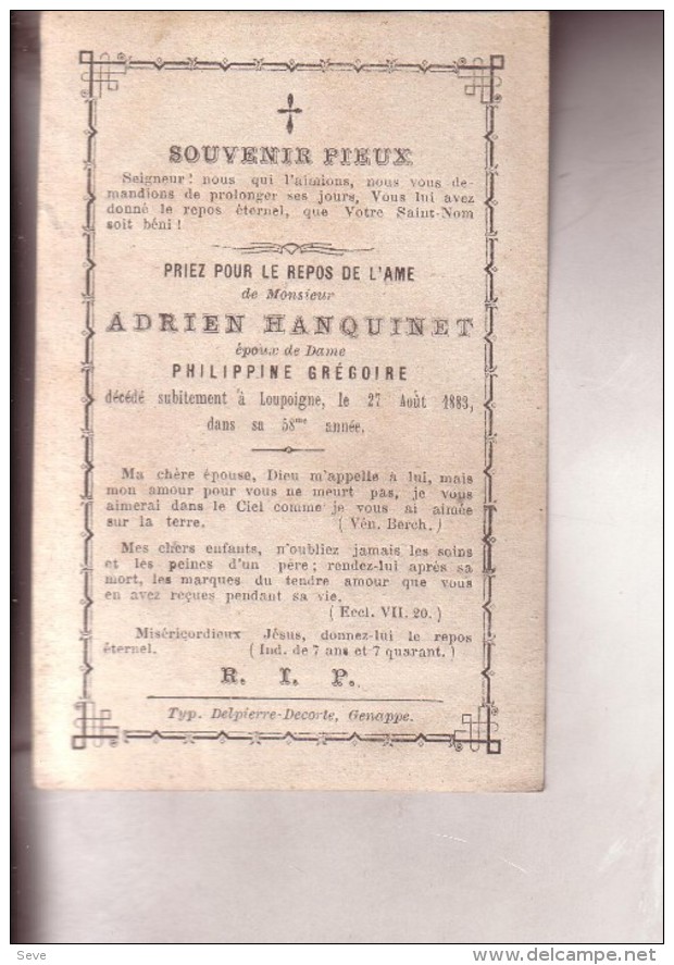 LOUPOIGNE Andrien HANQUINET  époux Philippine GREGOIRE 58 Ans En 1883 Souvenir Mortuaire GENAPPE - Overlijden