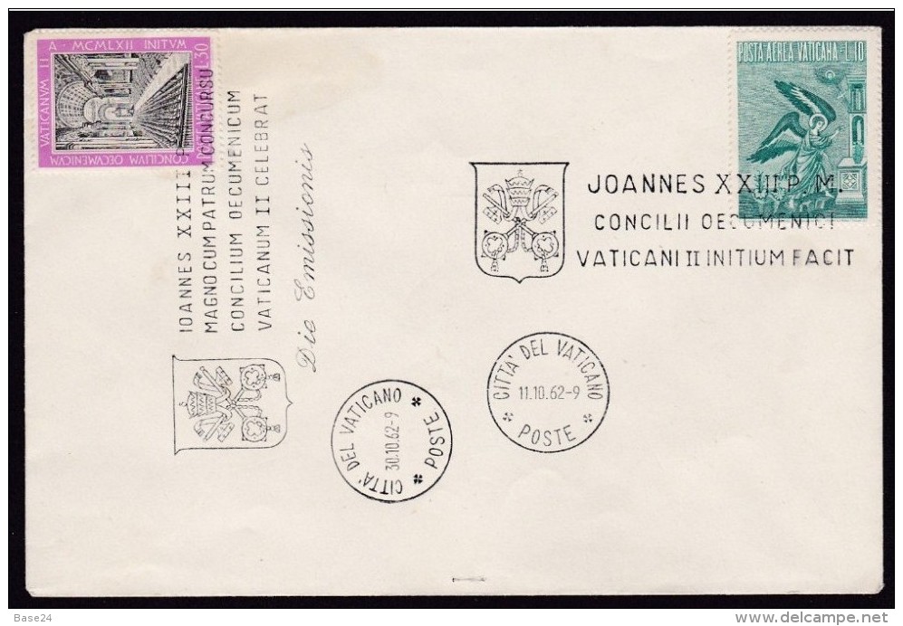 1962 Vaticano Vatican CONCILIO VATICANO II° Busta Uffic. 10L. AEREA ANGELI ´56 + 30L CONCILIO ´62 Annullo Celebrativo - Used Stamps
