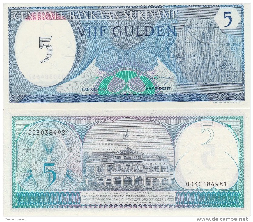 Suriname P-125b, 5 Gulden,Monument Of Revolution / People's Palace 1982 UNC - Surinam