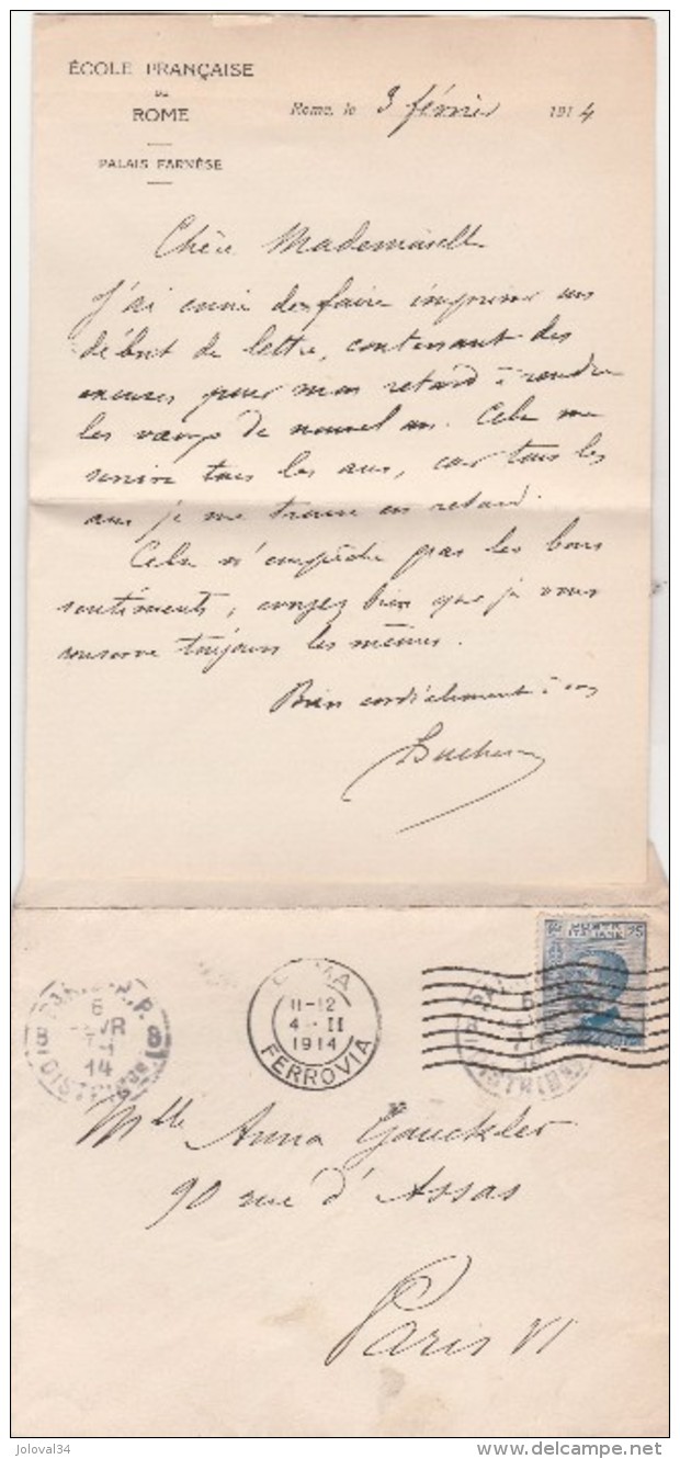 Italie Lettre Entête Ecole Française De Rome Palais Farnese Cachet ROMA Ferrovia De 1914 Pour Paris France - Storia Postale