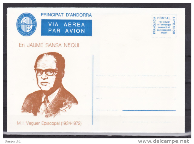 Andorre Viguerie épiscopale Aérogramme Entier Viguier Jaume Sansa Nequi Numérotée Verso Neuf ** MNH Sin Charmela - Episcopal Viguerie