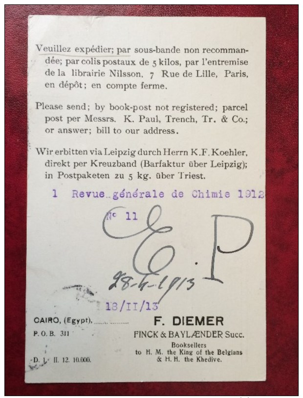 BOOK ORDER / CAIRO / F DIEMER / FINCK BAYLAENDER / TBE / 1912 / For Revue Générale ( Chimie  Chimical ) France Paris. - 1915-1921 Britischer Schutzstaat