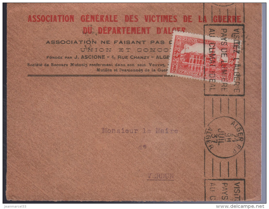 Lettre Algérie RBV Alger R.P 21 JUIL 37 " Visitez L´Algérie Pays De Lumière Au Climat Idéal " - Lettres & Documents