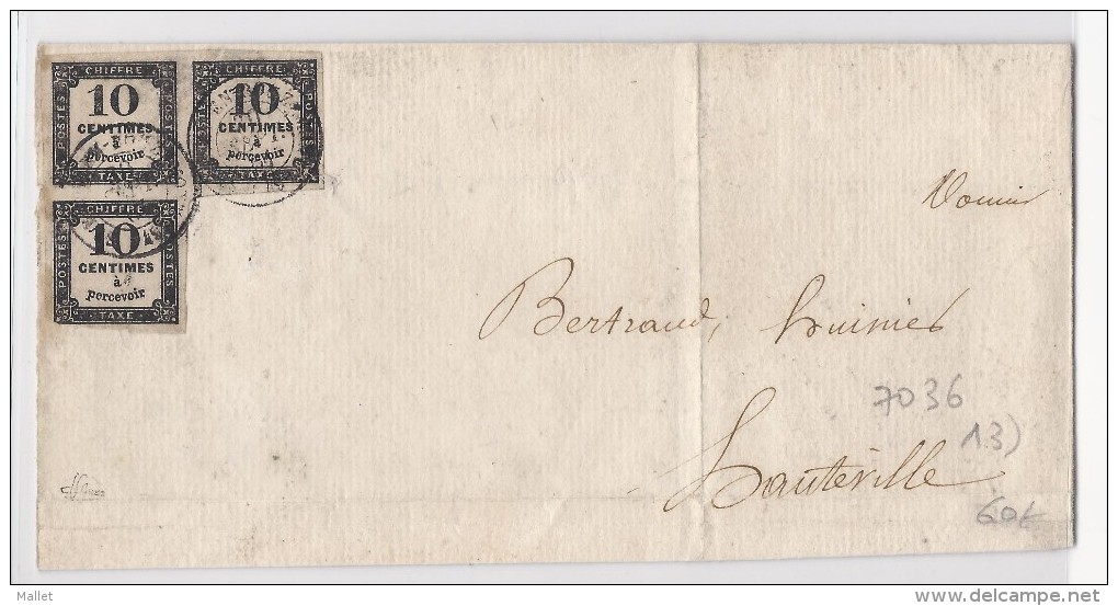 Timbre Taxe N°3, équerre De 3 - Obl CAD St Rémy De Bourzemont Sur Devant De Lettre Avec Rabat Partiel - 1859-1959 Lettres & Documents