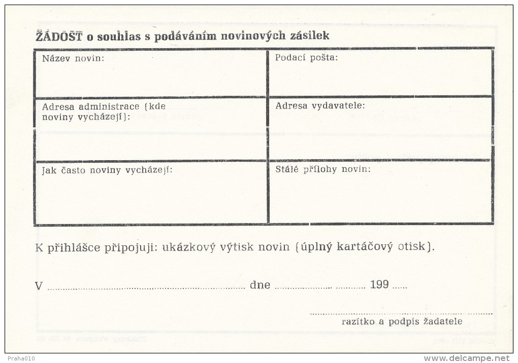 K7845 - Czechoslovakia (1992) Postal Form: 11-032 "Application For Consent To Administration Of Newspaper Shipments" - Newspaper Stamps