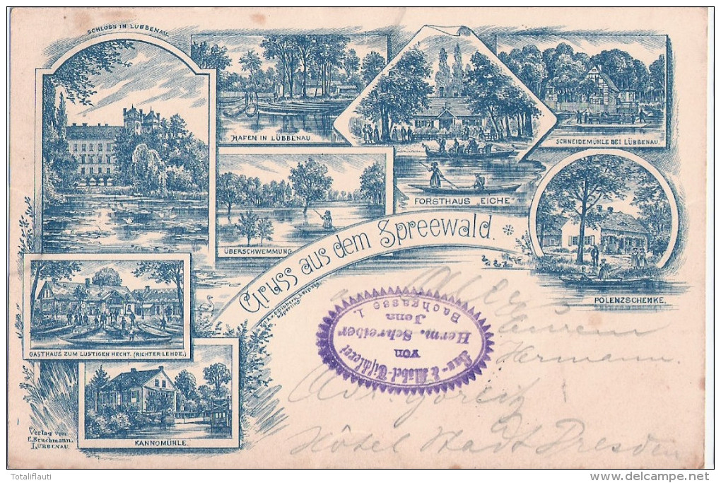 Gruss Aus Dem Spreewald LÜBBENAU Federstrich Litho Vorläufer Bläulich 31.1.1895 Schloß Schneidemühle Polenzschänke Eiche - Luebbenau