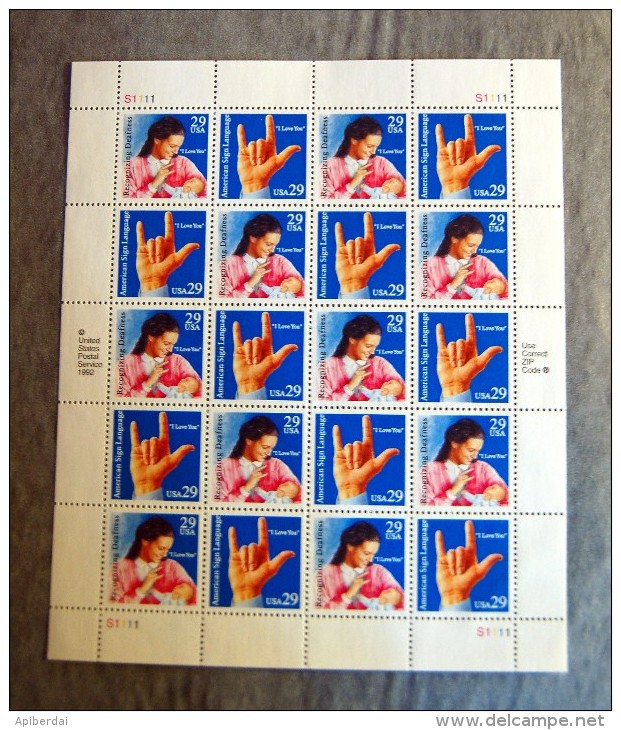 USA. - 1993 Sheet Of 20 Handicaped Sign Language ** MNH - Feuilles Complètes