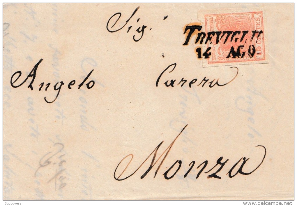 C380- LOMBARDO VENETO -Lettera Da TREVIGLIO Del 14/8/1852 A Monza Con 15 Cent. Rosso  2° Tipo -  . Leggi ... - Lombardo-Veneto