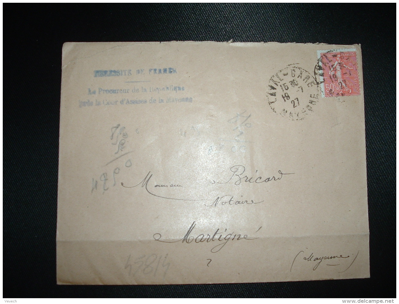 LETTRE TP SEMEUSE 50c OBL.19-7-27 LAVAL-GARE (53 MAYENNE) - Railway Post