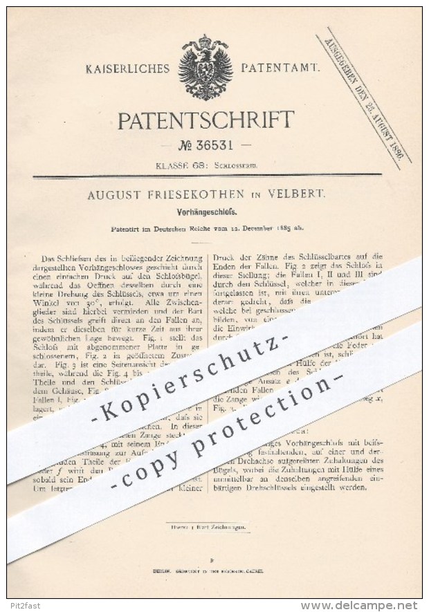 Original Patent - August Friesekothen , Velbert , 1885 , Vorhängeschloss , Schloss , Schlosser , Schlosserei , Schlüssel - Historische Dokumente