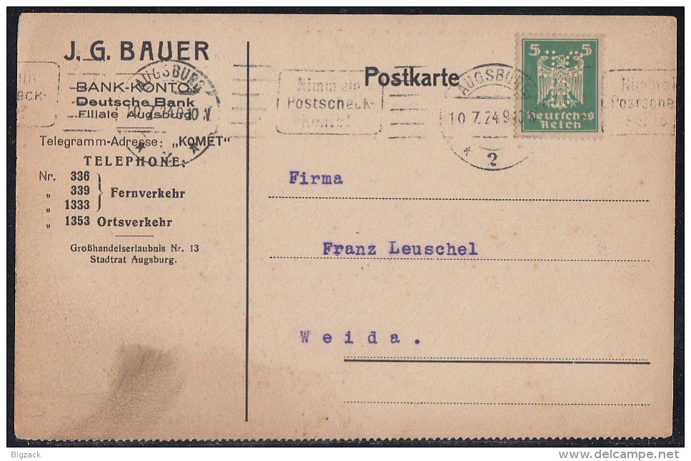 DR Karte EF Minr.356 Augsburg 10.7.24 Perfins J.G.B. - Briefe U. Dokumente