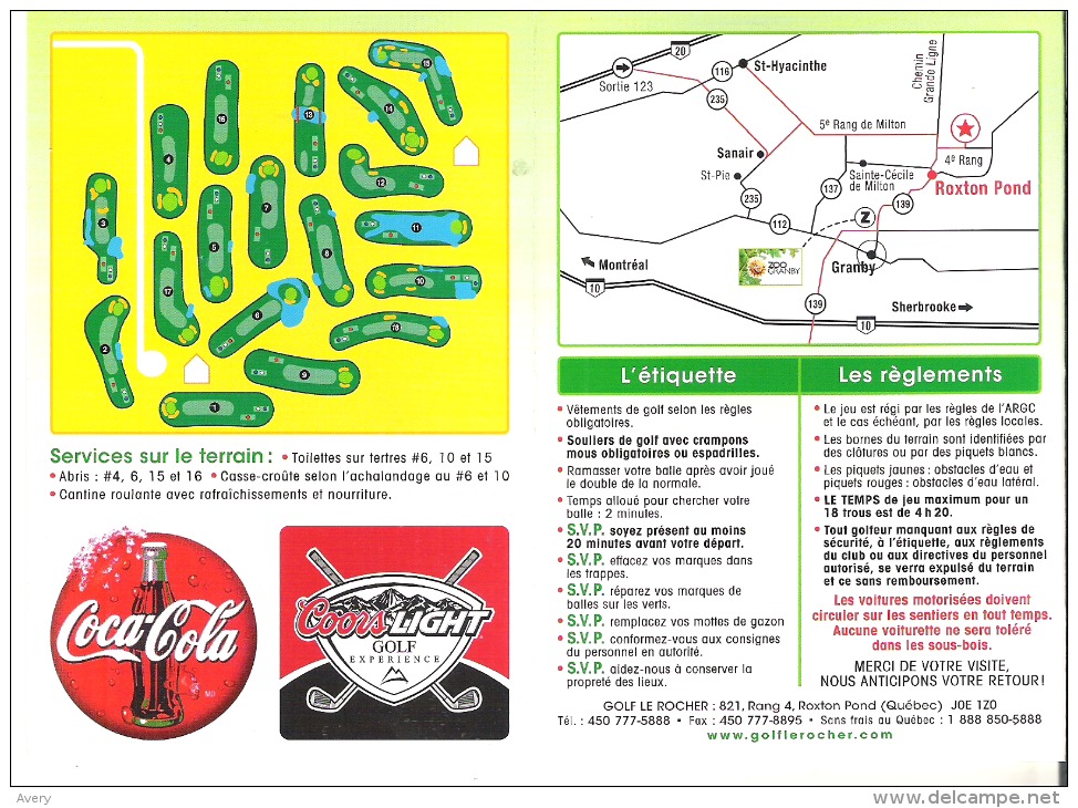 Score Card Golf Le Rocher Roxton Pond, Quebec - Other & Unclassified