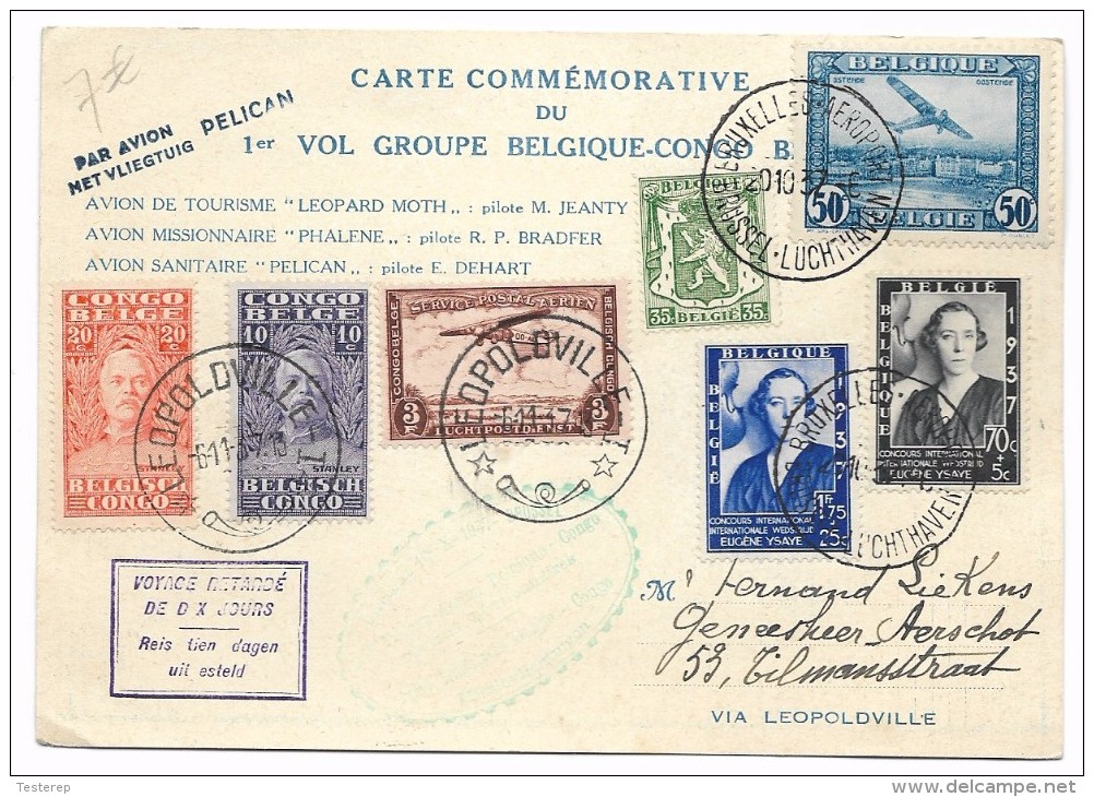 Belgique-Congo  1e Vol  PELICAN 20.10.1937 Brux.Aeroport    Verso: Plan Du Vol/vluchtroute - Otros & Sin Clasificación