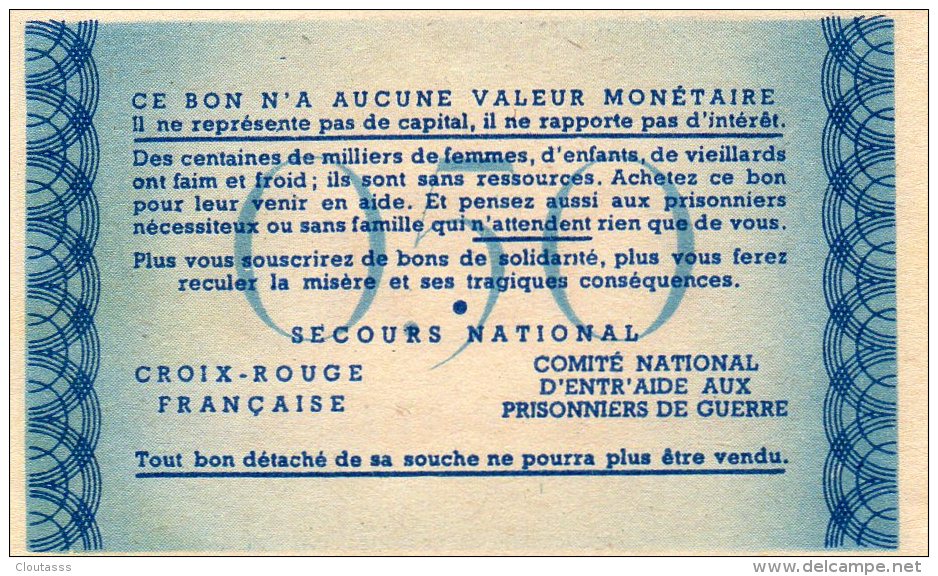 Bon De Solidarité)0,50 FRANCS 7,5O X4,5    AU PROFIT PÖPULATION Française EPROUVEE  2 BONS EN VENTE - Other & Unclassified