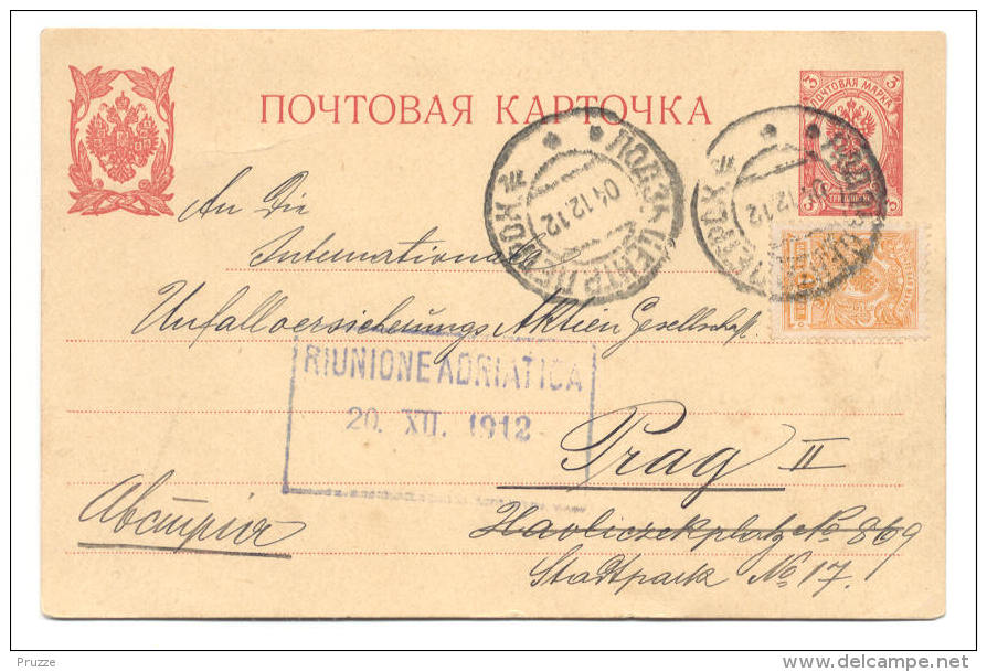 Ganzsache Russisch Polen, Lodz 1912 Nach Prag - Briefe U. Dokumente