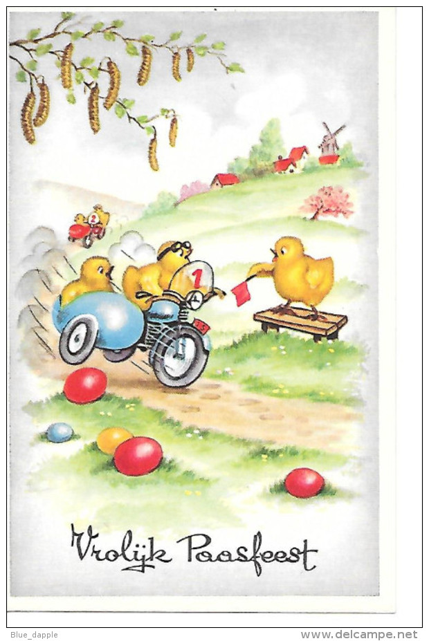 Poussin, Chick, Küken, Easter Eggs, Oeufs De Pâques, Motor Race, Motorcycle With Sidecar, Motorrad Mit Beiwagen - Easter