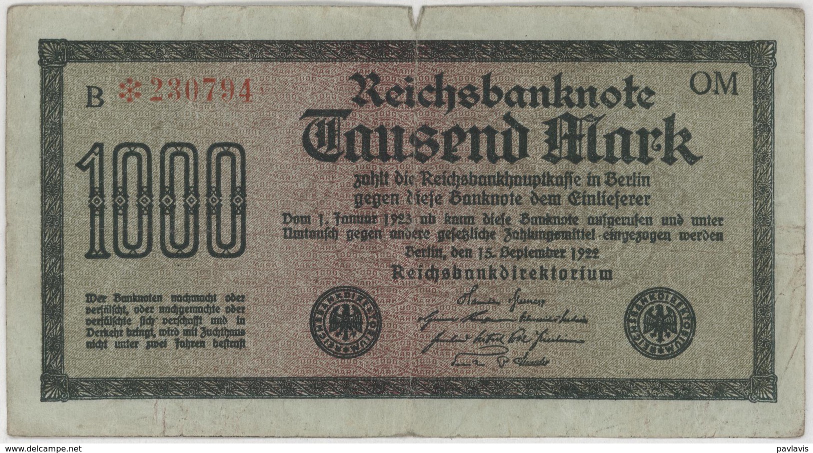 1000 Mark - Reichsbanknote - German Reich / Deutsches Reich - Year 1922 - 1000 Mark