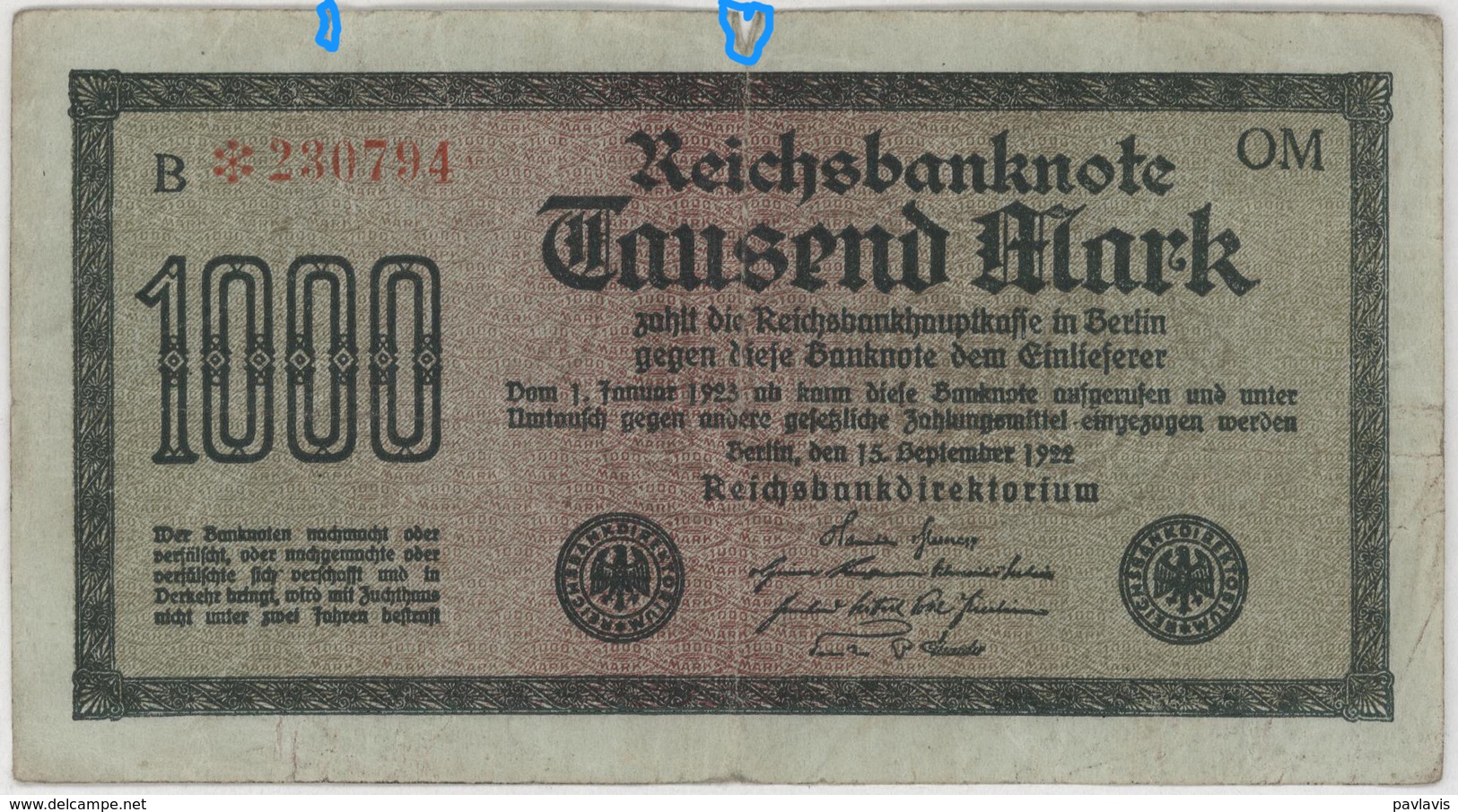 1000 Mark - Reichsbanknote - German Reich / Deutsches Reich - Year 1922 - 1000 Mark