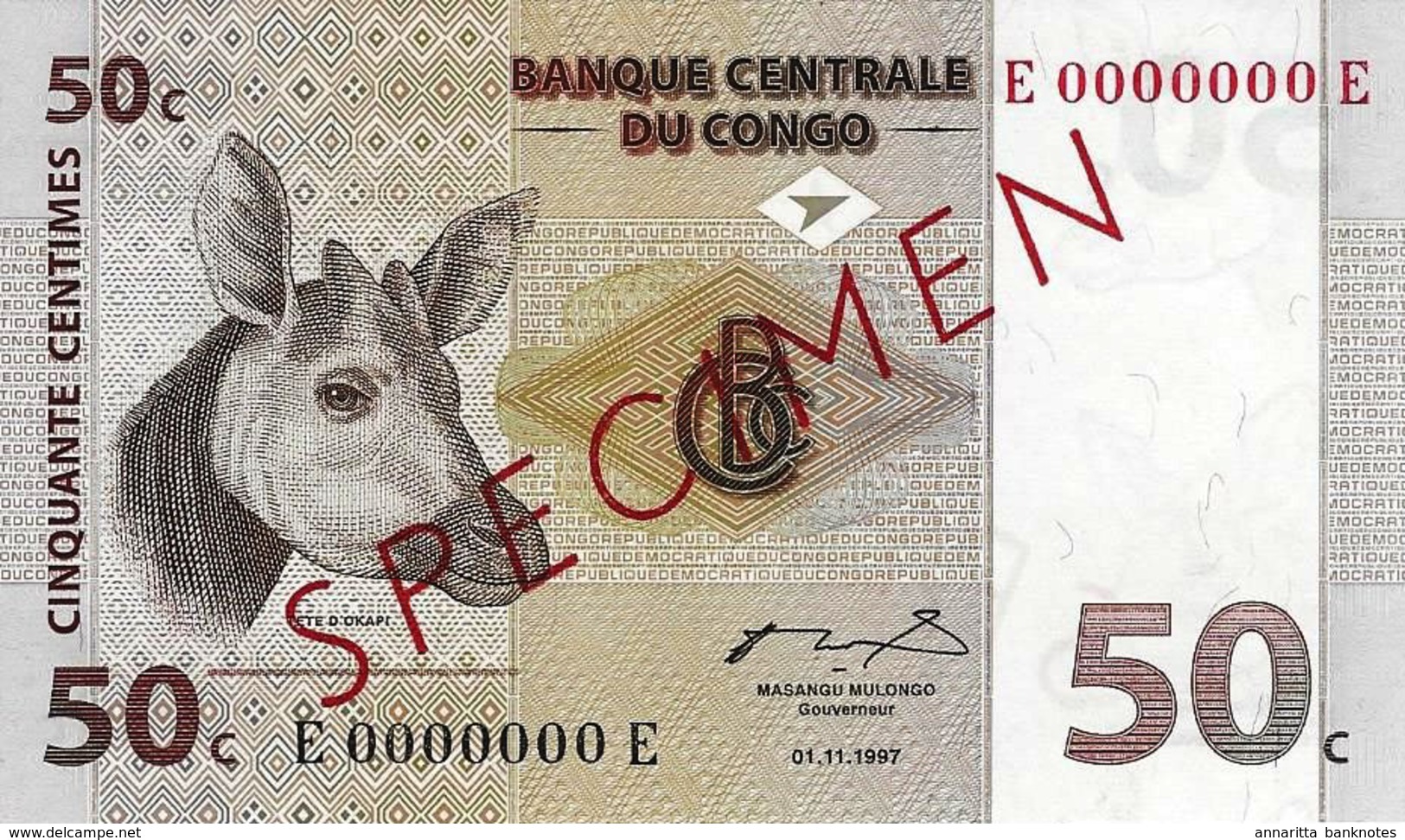 CONGO DEMOCRATIC REPUBLIC 50 CENTIMES 1997 P-84s UNC SER: E0000000E [ CD305bs ] - Democratische Republiek Congo & Zaire