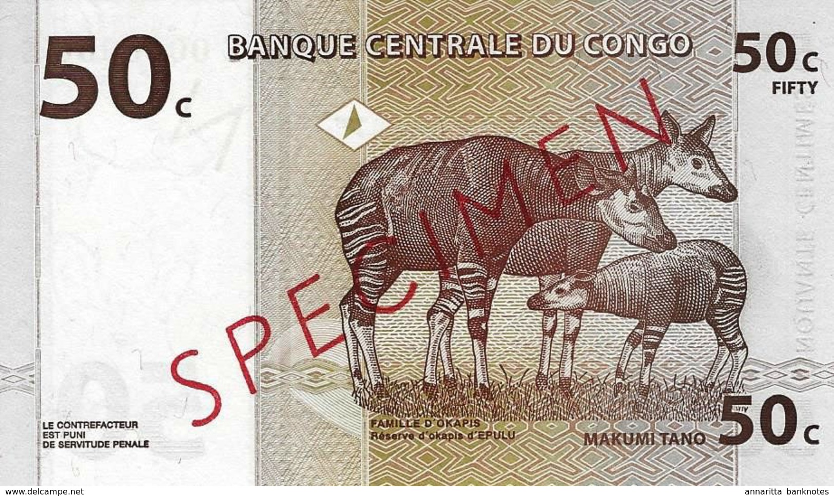 CONGO DEMOCRATIC REPUBLIC 50 CENTIMES 1997 P-84s UNC SER: E0000000E [ CD305bs ] - Democratische Republiek Congo & Zaire