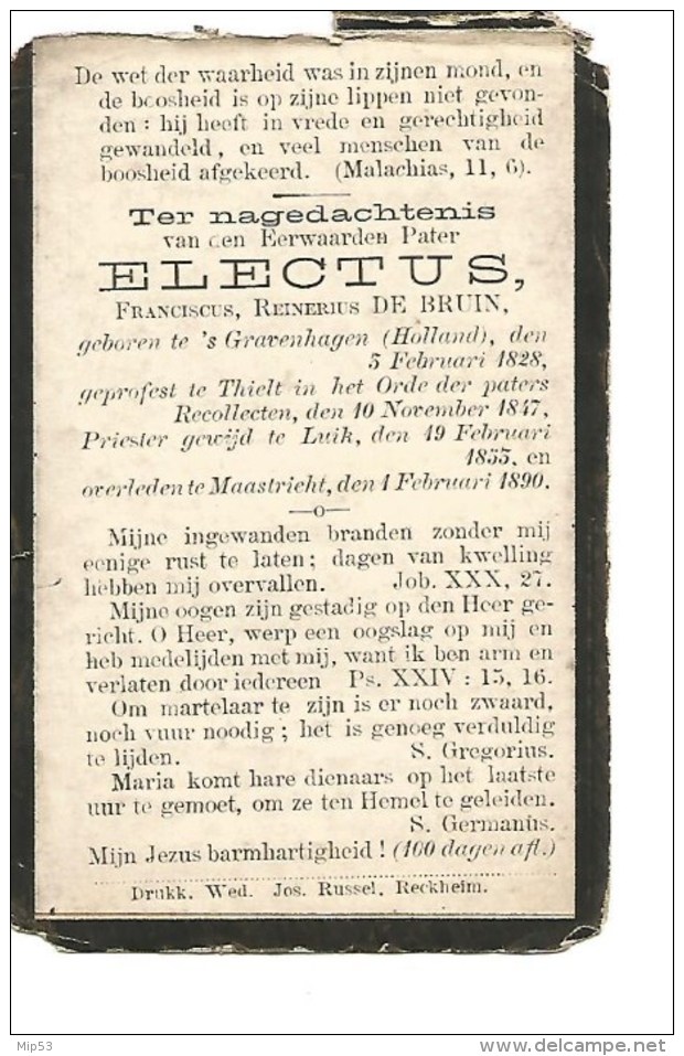 N33.  EERWAARDEN  PATER  ELECTUS  (F.R.  DE BRUIN)   - °´S GRAVENHAGEN 1828  /  +MAASTRICHT 1890 - Images Religieuses