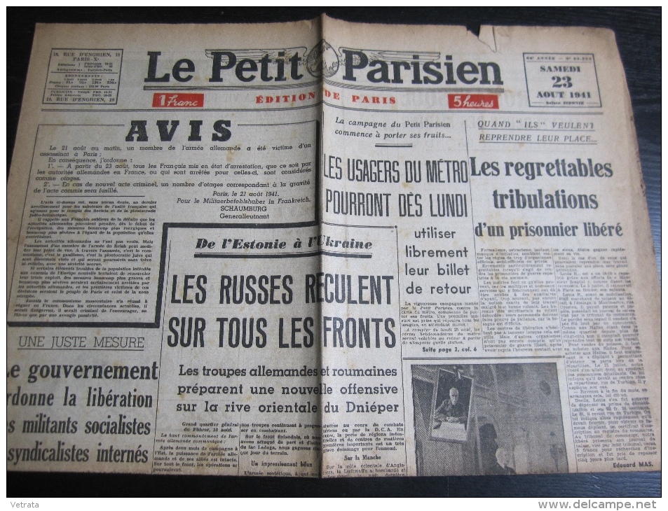 Le Petit Parisien Du 23 Aout 1941 : Les Russes Reculent (4 Pages-jauni-petites Déchirures) - Le Petit Parisien