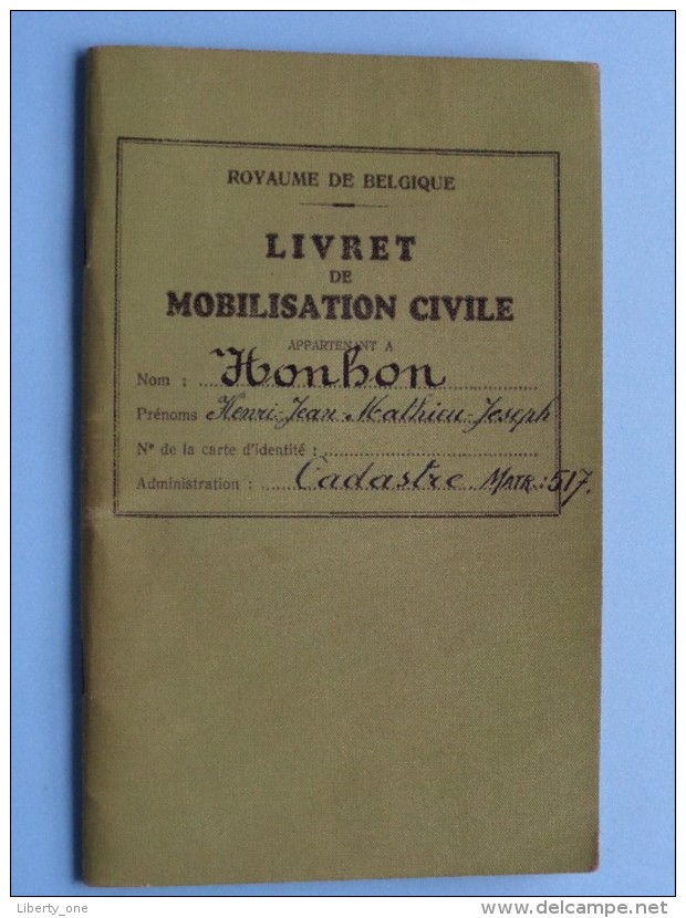 Livret De MOBILISATION Civile Cadastre  Matr : 517 ( Honhon Henri - Liège 1903 ) Anno 1921 ( Détail Zie / Voir Photo ) ! - Documents