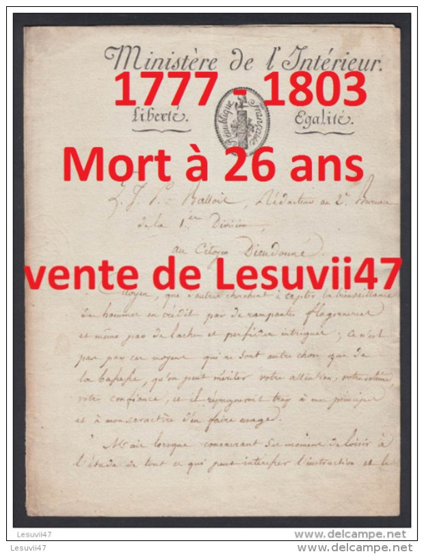 " PARIS " EXCEPTIONNEL MANUSCRIT INEDIT, PAR LOUIS JOSEPH PHILIPPE BALLOIS (1777-1803). - Documents Historiques