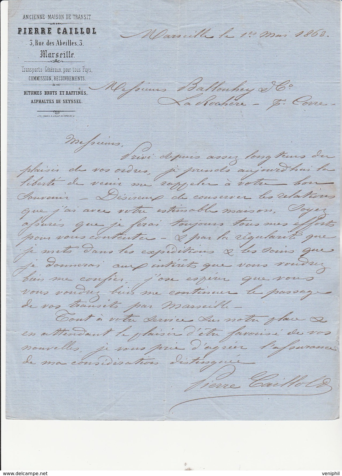 LETTRE ENTETE -PIERRE CAILLOL - ANCIENNE MAISON DE TRANSIT -MARSEILLE - ANNEE 1863- AFFRANCHIE N° 22 -OBLITERE GC 2240 - 1800 – 1899