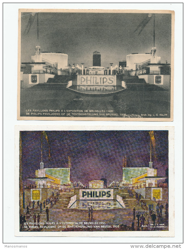 832/23 -  LAMPES / ECLAIRAGE - Belgique 2 Cartes Publicitaires 1935 - Pavillons PHILIPS à L' EXPO De Bruxelles - Non Classés