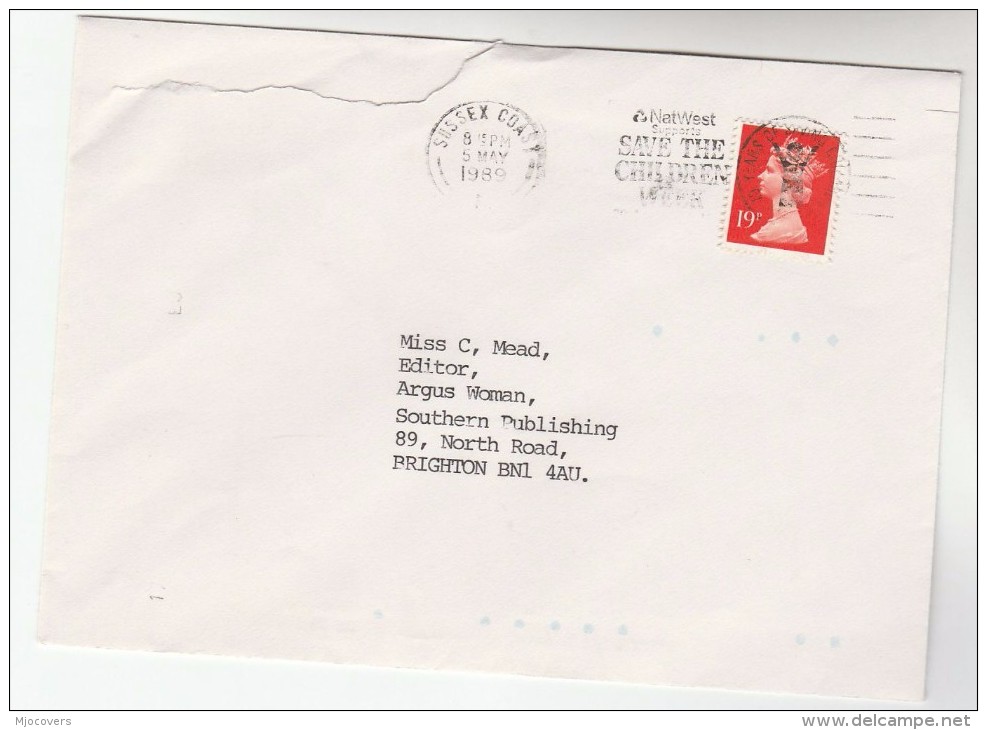 1989 GB  COVER Slogan NATWEST SUPPORTS SAVE THE CHILDREN WEEK , Bank Banking Finance Sussex Coast Stamps - Lettres & Documents