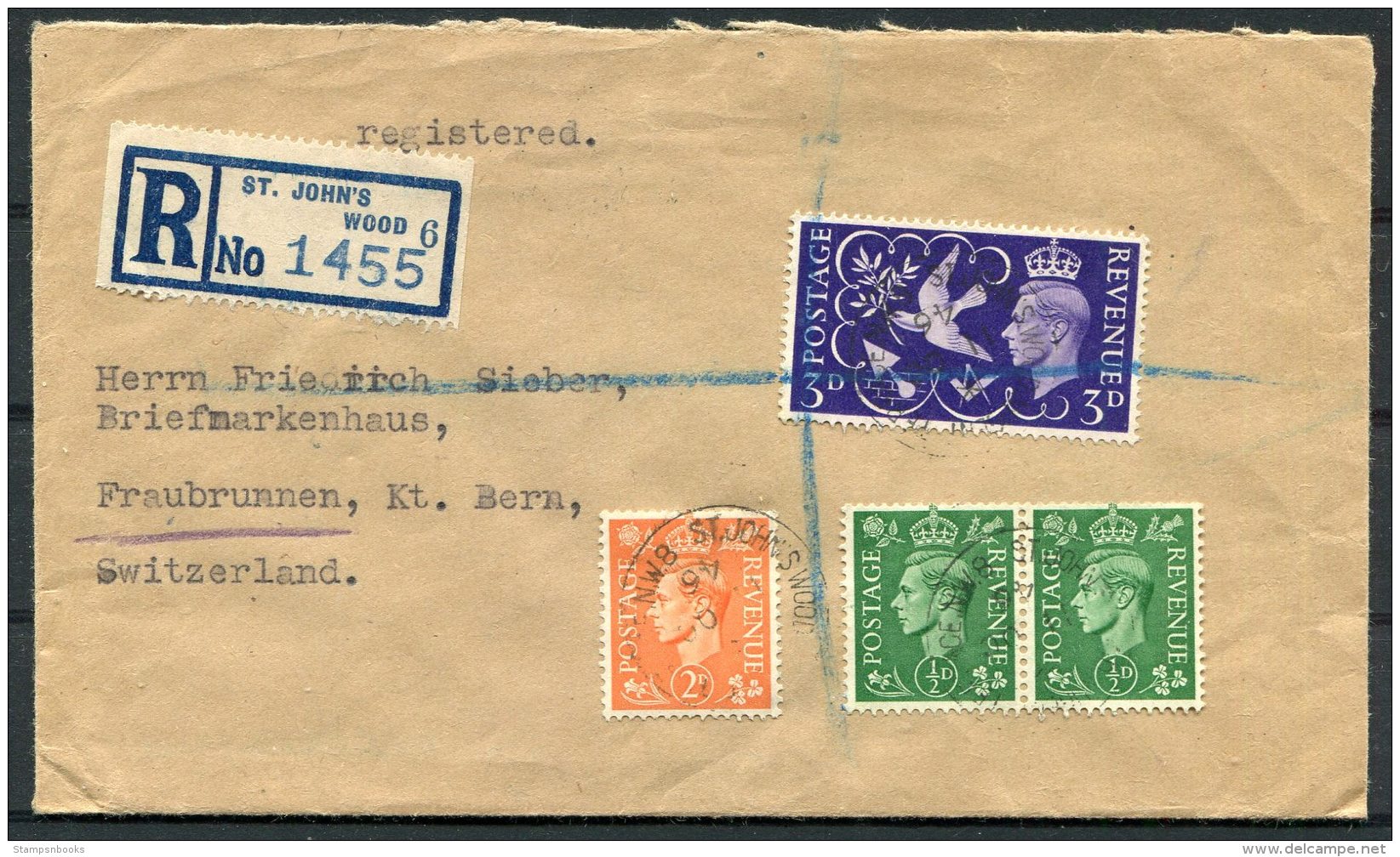 1946 GB Nugent Terrace, St John's Wood, London Registered Cover -  Fraubrunnen, Bern, Switzerland - Covers & Documents