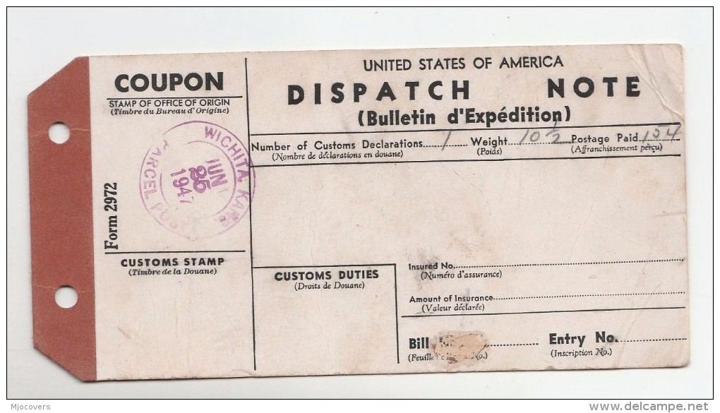 1947 USA PARCEL MAIL TAG  Wichita To POTSDAM GERMANY RUSSIAN ZONE - Covers & Documents