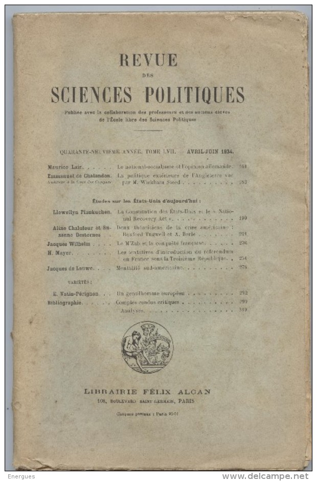 Politique, Revue Des Sciences Politiques, 1934, Allemagne, Etats-unis,,Lair, Chalandon,Wilhem,Mayer,Vatin - 1900 - 1949