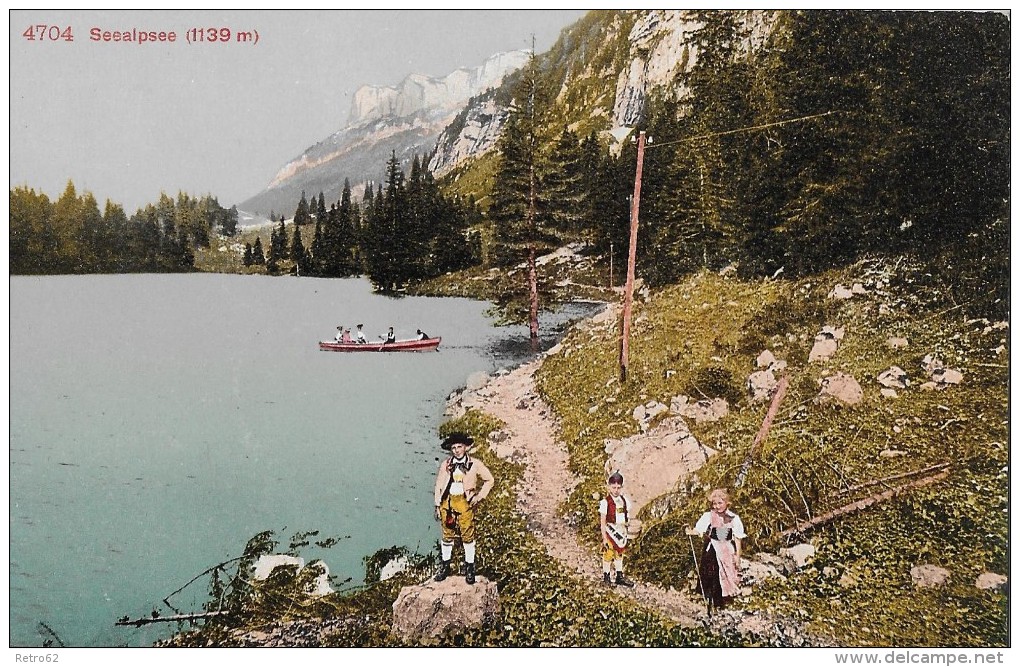 SEEALPSEE &#8594; Touristen Mit Ruderboot Und Wanderer Am See Entlang, Ca.1915 - Autres & Non Classés