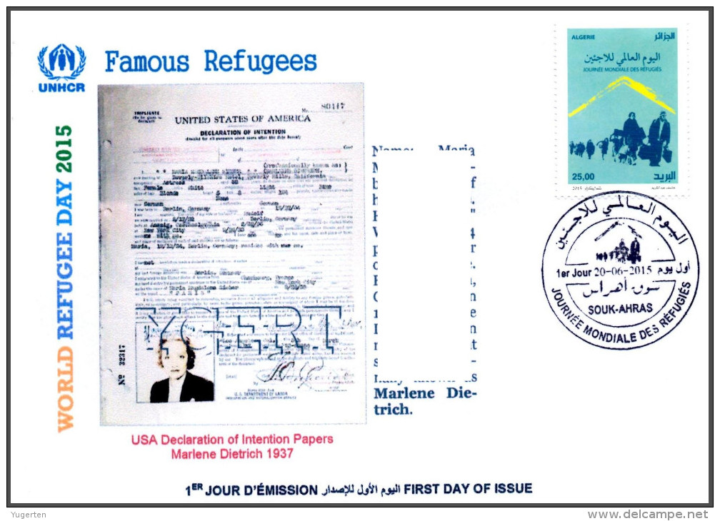 ARGHELIA 2015 - FDC - World Refugee Day Réfugiés Refugees Weltflüchtlingstag Marlene Dietrich Día Mundial Del Refugiado - Cinema
