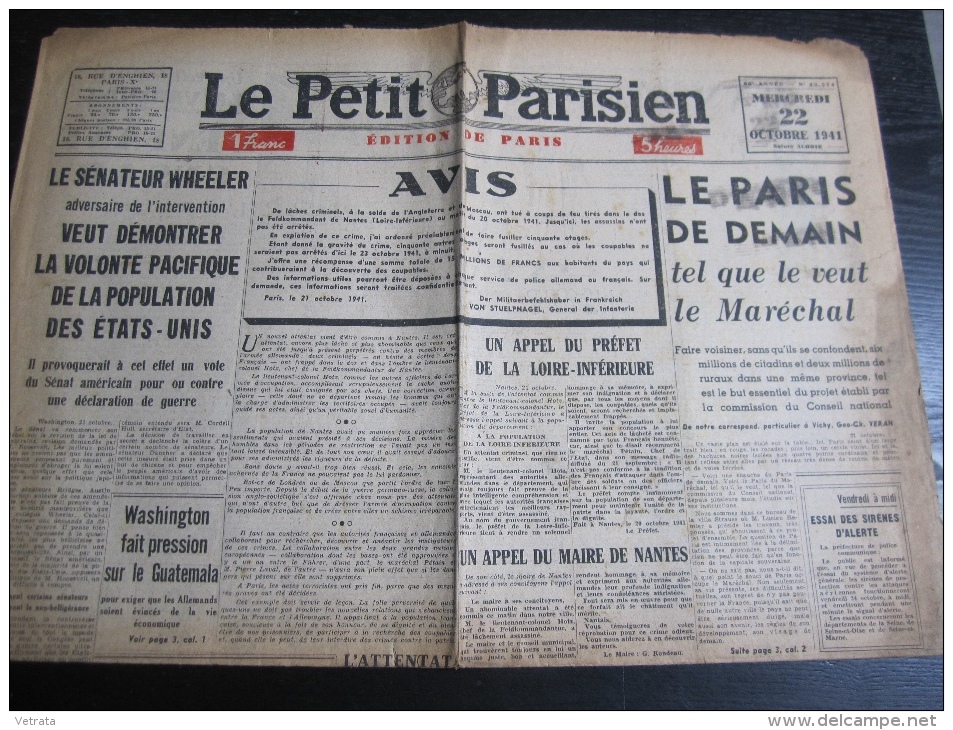 Le Petit Parisien Du 22 Octobre 1941 : Le Pris De Demain Tel Que Le Veut Le Maréchal (4 Pages-jauni-déchirures) - Le Petit Parisien