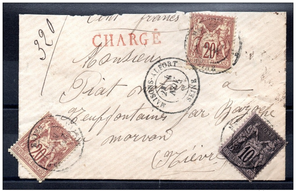 FRANCE - 1876-78 - YT N° 67 + 89 Sur Lettre Chargée De 1884 - Scan Recto-verso - 1876-1878 Sage (Type I)