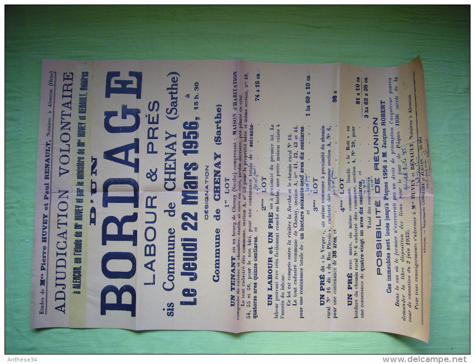 Affiche Vente Aux Enchères 1956 à Chenay Sarthe, Bordage Labour Et Prés, Maison - Posters